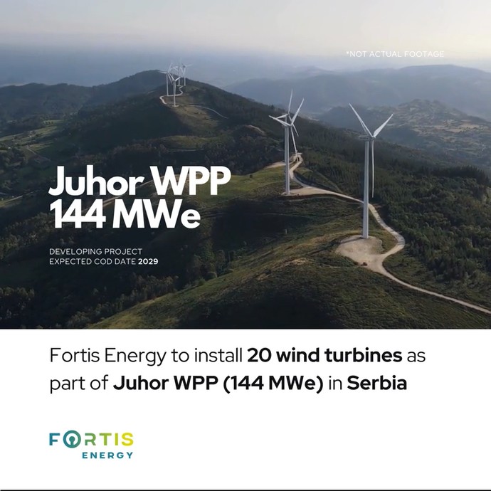 Fortis Energy will install 20 wind turbines in Jagodina and Rekovac as part of Juhor Wind Power Plant (144 MWe) project in Serbia.