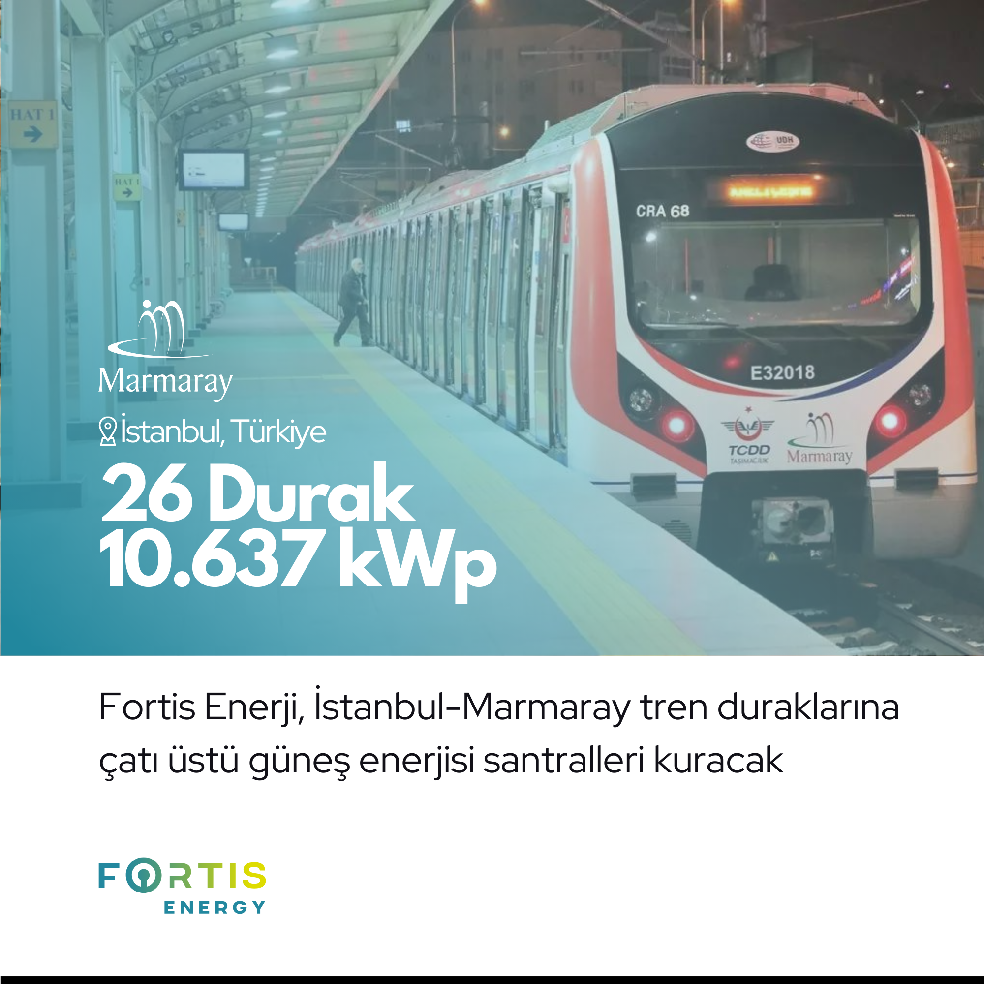 Fortis has won the tender from The State Railways of the Republic of Türkiye to install 10,637 kWp rooftop solar power plants on Istanbul's Marmaray commuter rail station buildings.